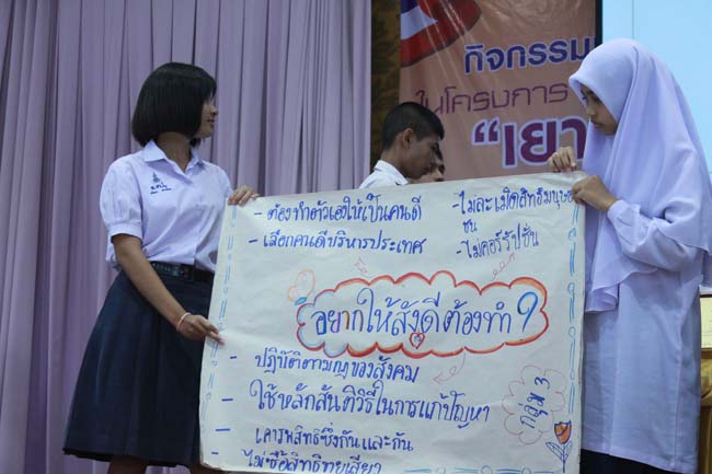 วันพฤหัสบดี ที่ 14 กุมภาพันธ์ 2556 อาจารย์เกษม สุริยกัณฑ์ คณบดีคณะศึกษาศาสตร์ เป็นประธานในพิธีเปิด โครงการ "เยาวชนสงขลา หัวใจพลเมือง" โดยมีอาจารย์ฐากร สิทธิโชค ประธานหลักสูตรการศึกษาบัณฑิต สาขาสังคมศึกษากล่าวรายงานความเป็นมาในการจัดโครงการดังกล่าว พร้อมด้วยนิสิตสาขาสังคมศึกษาให้การต้อนรับอีกด้วย ณ หอประชุมปาริชาต มหาวิทยาลัยทักษิณ วิทยาเขตสงขลา ภาพที่ 34