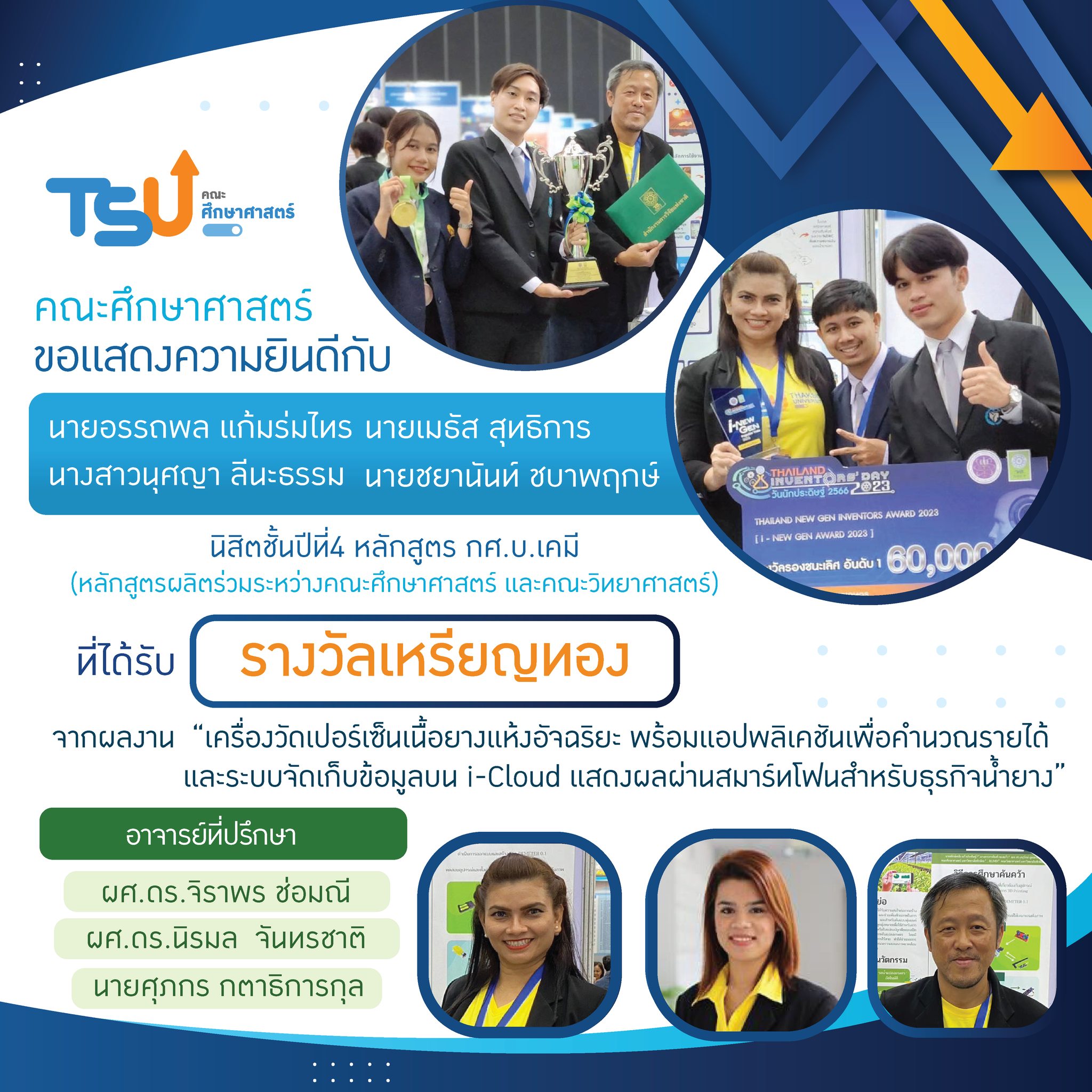 ขอแสดงความยินดีกับ นิสิตหลักสูตร กศ.บ. เคมี และ กศ.บ.ฟิสิกส์  และอาจารย์ที่ปรึกษาทุกท่าน ที่ได้รับรางวัลจาการเข้าประกวดและจัดแสดงสิ่งประดิษฐ์และนวัตกรรม โครงการ Thailand New Gen Inventors Award (I-New Gen Award 2020)