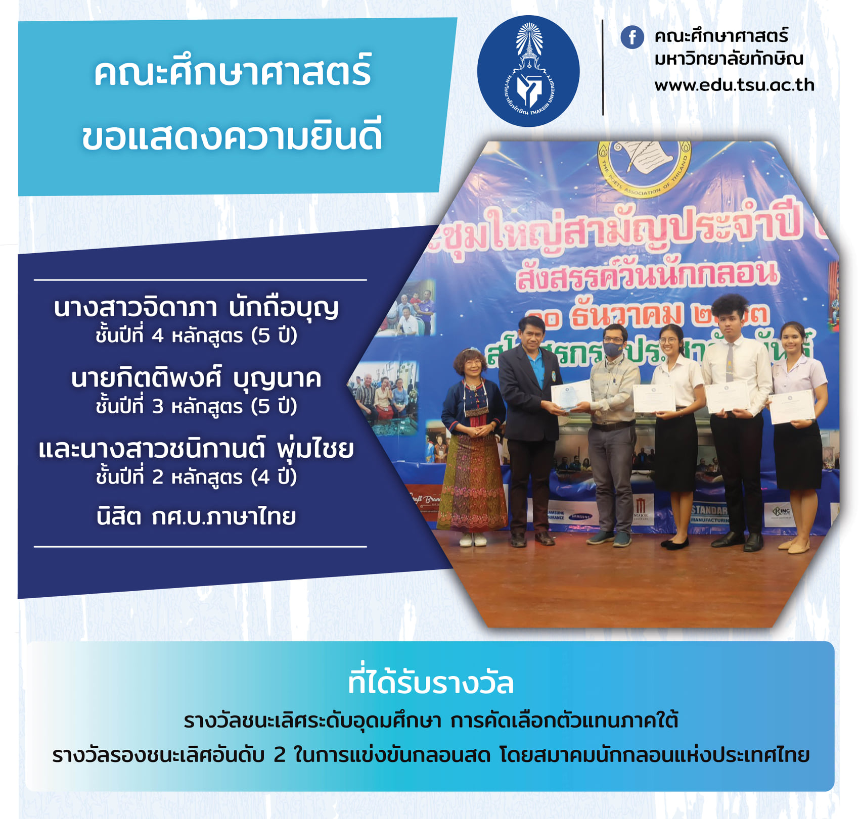นิสิตหลักสูตร กศ.บ.ภาษาไทยรางวัลชนะเลิศระดับอุดมศึกษา ในการคัดเลือกตัวแทนภาคใต้ไปแข่งขันวันนักกลอนฯ 2563 รางวัลรองชนะเลิศอันดับ 2 ในการแข่งขันกลอนสด (กลอนสุภาพ กลอนดอกสร้อย และกลอนสักวา) โดยสมาคมนักกลอนแห่งประเทศไทย