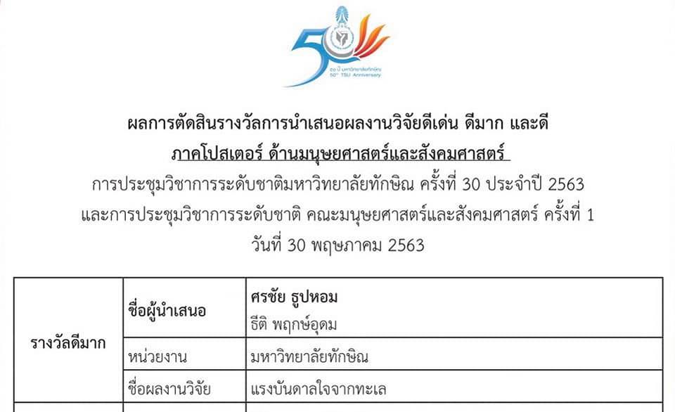 ขอแสดงความยินดีกับ นายศรชัย ธูปหอม นิสิตชั้นปีที่ 5 คณะศึกษาศาสตร์
