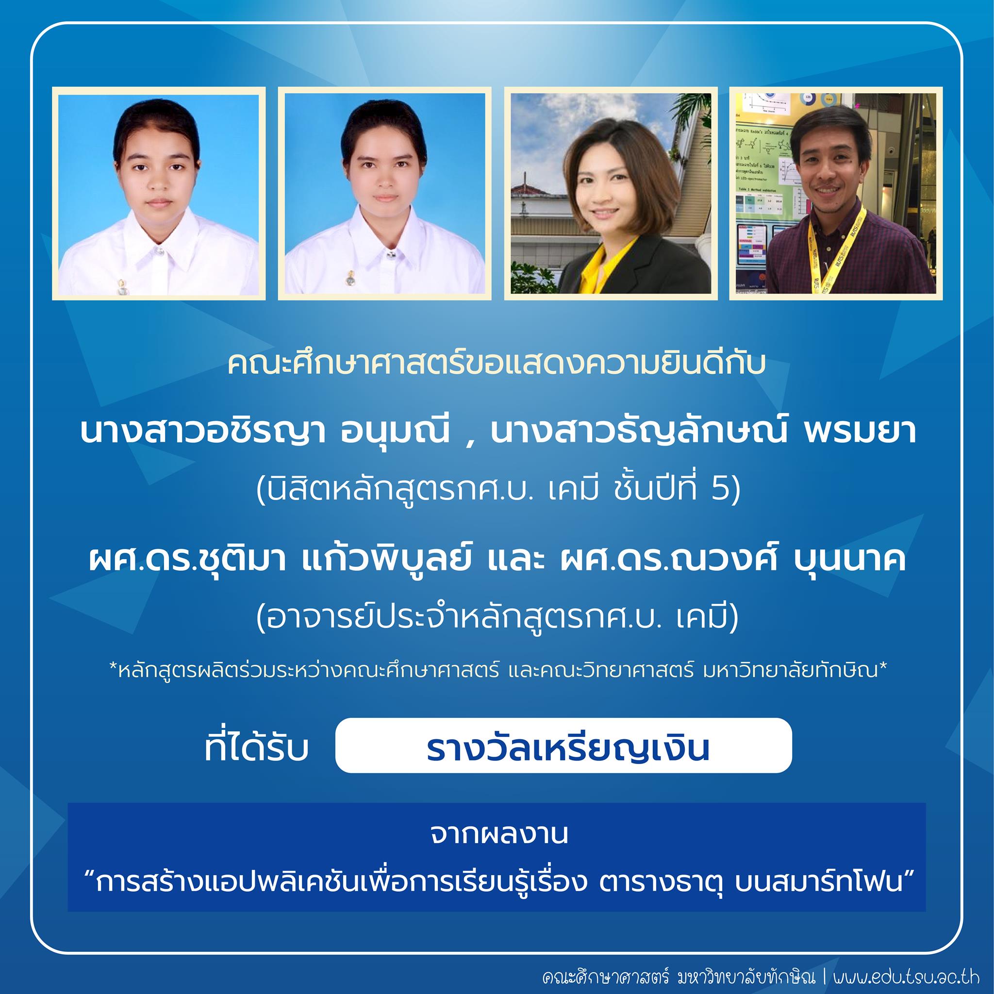 คณะศึกษาศาสตร์ขอแสดงความยินดีกับ นิสิตและคณาจารย์หลักสูตรกศ.บ.เคมี ที่ได้รับรางวัลการประกวดสิ่งประดิษฐ์ นวัตกรรม และผลงานสร้างสรรค์ จำนวน 22 รายการ