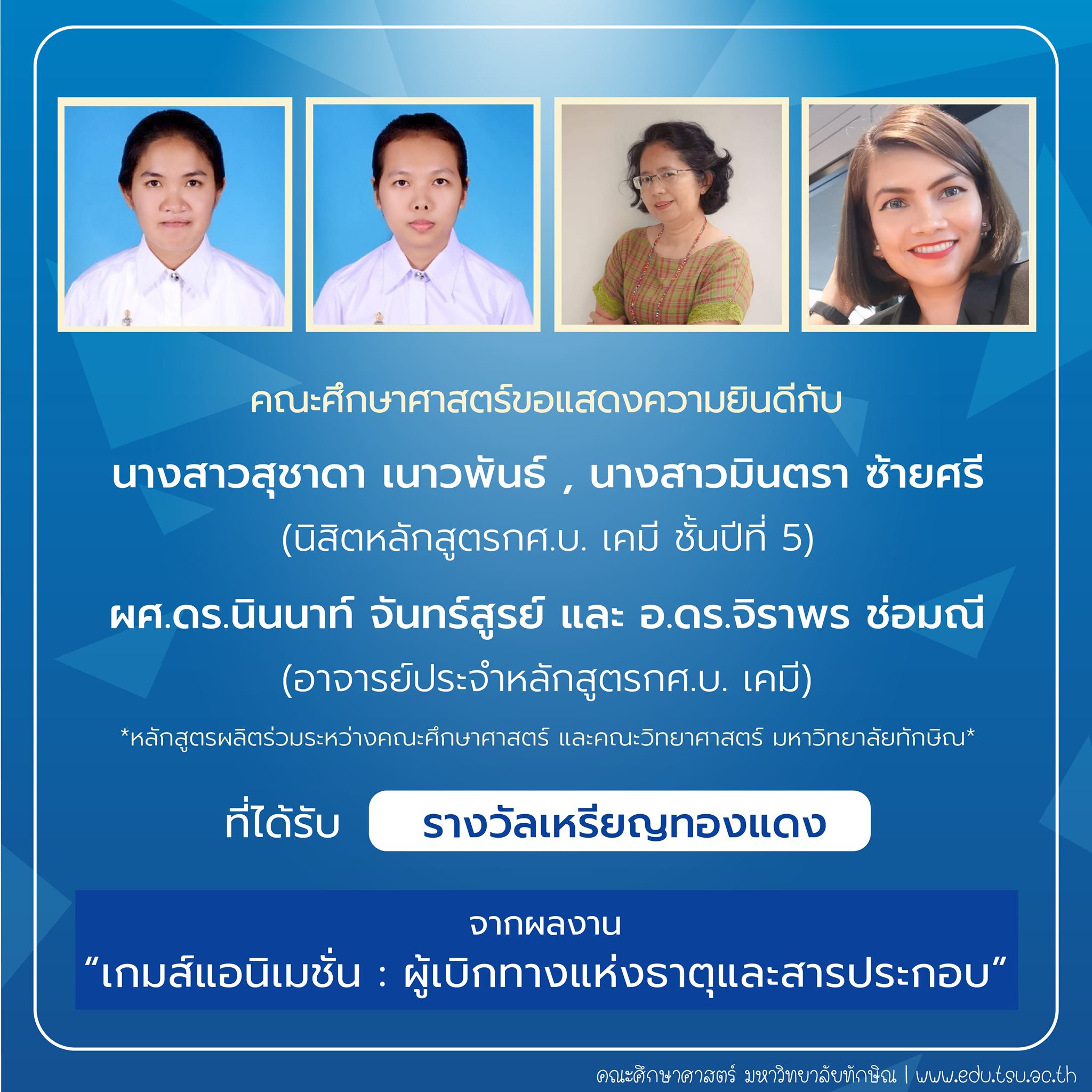 คณะศึกษาศาสตร์ขอแสดงความยินดีกับ นิสิตและคณาจารย์หลักสูตรกศ.บ.เคมี ที่ได้รับรางวัลการประกวดสิ่งประดิษฐ์ นวัตกรรม และผลงานสร้างสรรค์ จำนวน 22 รายการ