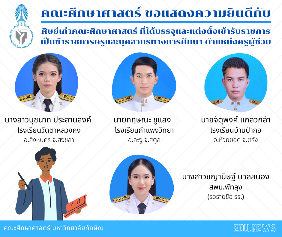 คณะศึกษาศาสตร์ ขอแสดงความยินดีกับศิษย์เก่า ที่ได้บรรจุและแต่งตั้งเข้ารับราชการเป็นข้าราชการครูและบุคลากรทางการศึกษาตำแหน่ง ครูผู้ช่วย