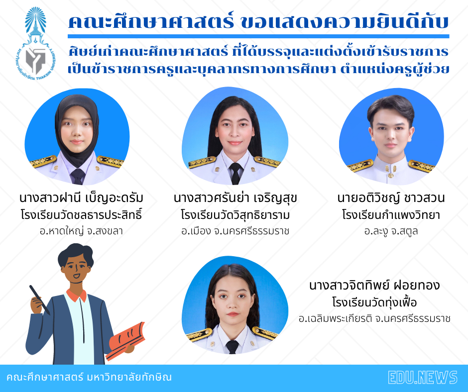 คณะศึกษาศาสตร์ ขอแสดงความยินดีกับศิษย์เก่า ที่ได้บรรจุและแต่งตั้งเข้ารับราชการเป็นข้าราชการครูและบุคลากรทางการศึกษาตำแหน่ง ครูผู้ช่วย