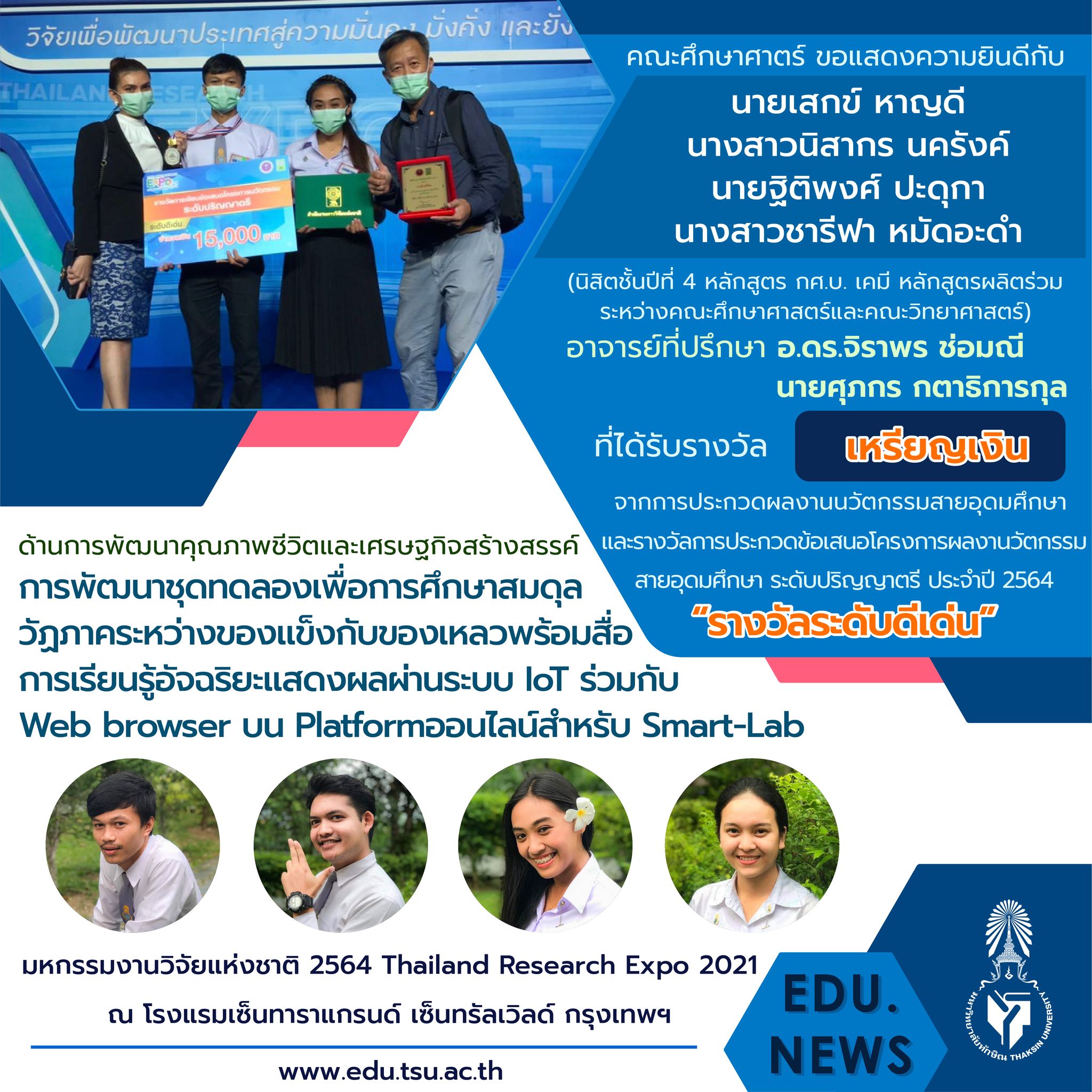 ขอแสดงความยินดีกับ อาจารย์และนิสิตหลักสูตร กศ.บ. เคมี และ กศ.บ.ฟิสิกส์ที่ได้รับรางวัลจากงาน "มหกรรมงานวิจัยแห่งชาติ 2564  (Thailand Research Expo 2021)"